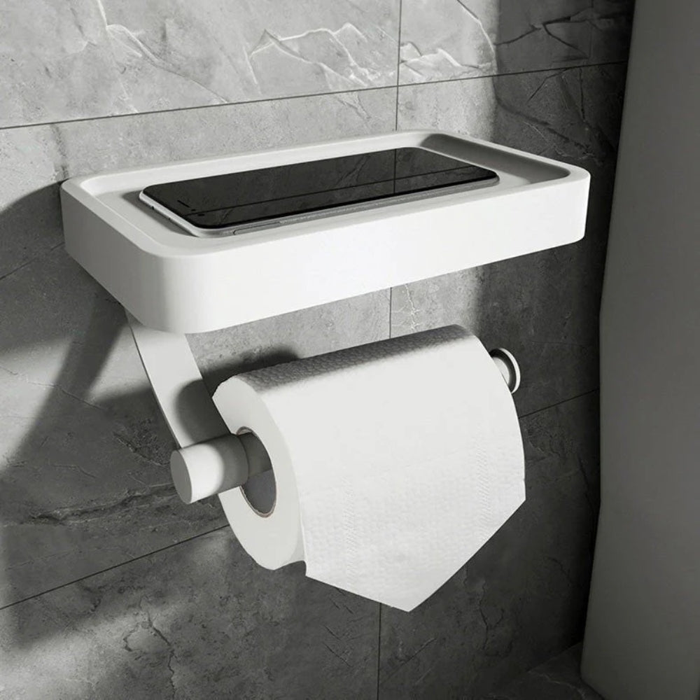 Toilet Paper Holder with Shelf - Modern Aluminum - Drill-Free Wall Mount - Image 2