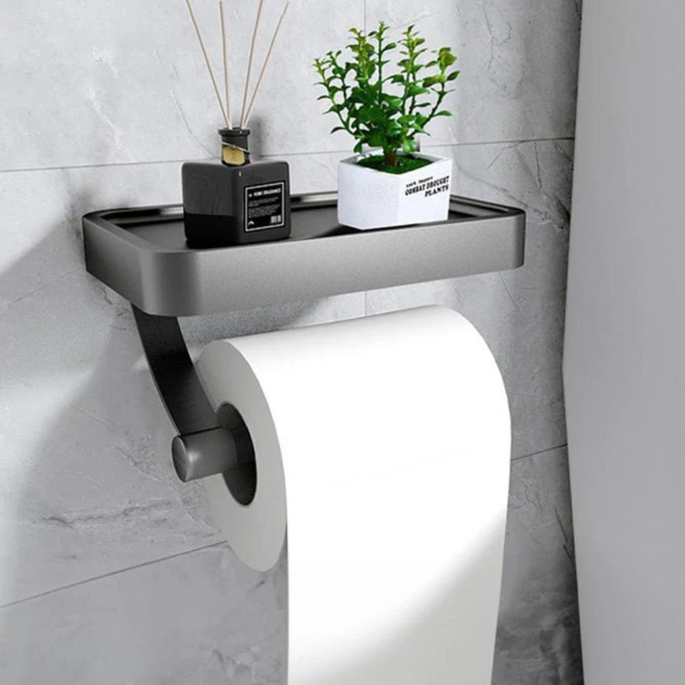 Toilet Paper Holder with Shelf - Modern Aluminum - Drill-Free Wall Mount - Image 3
