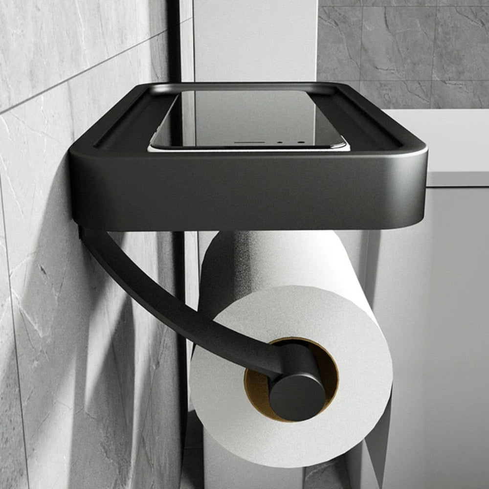 Toilet Paper Holder with Shelf - Modern Aluminum - Drill-Free Wall Mount - Image 4