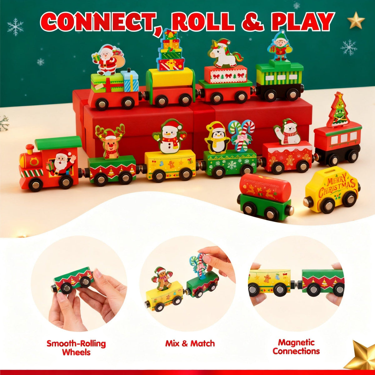 Train Advent Calendar with 12 Magnetic Friction-Powered Train Cars