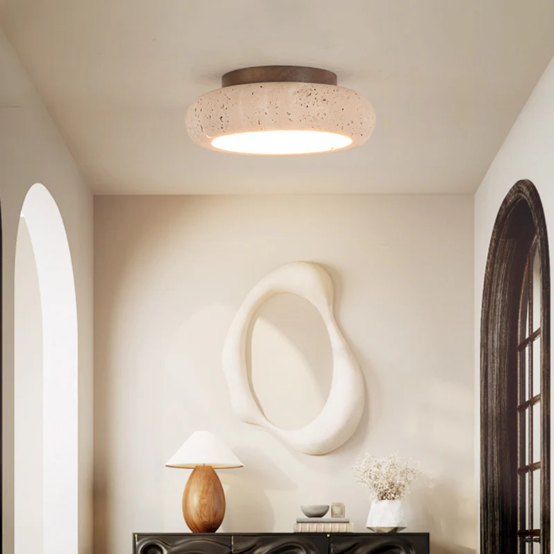 Travertine Ceiling Light - Wood Accent - Modern LED Fixture - Image 1