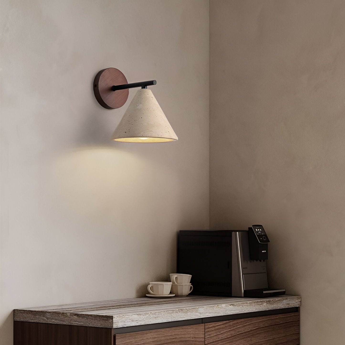 Travertine Cone Wall Sconce - Wood Accent - Modern LED Wall Lamp - Image 2