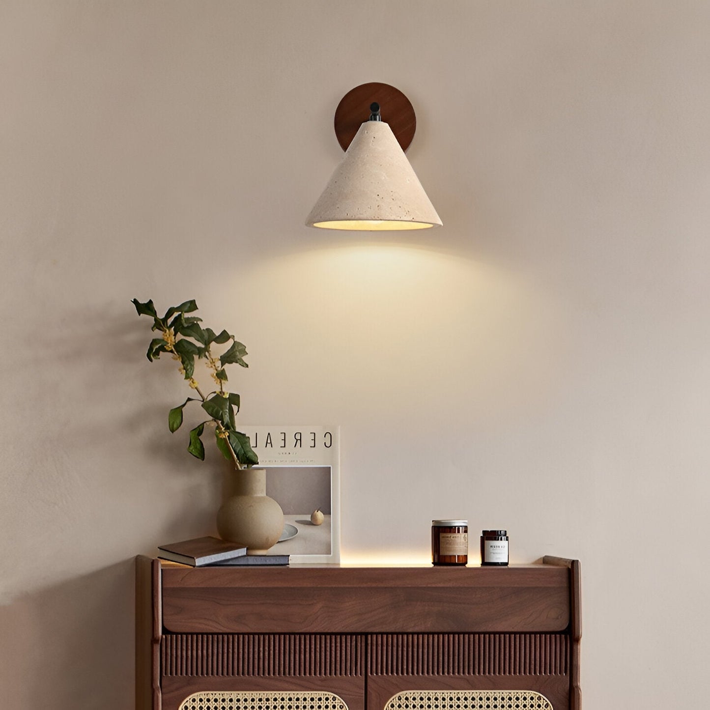 Travertine Cone Wall Sconce - Wood Accent - Modern LED Wall Lamp - Image 3
