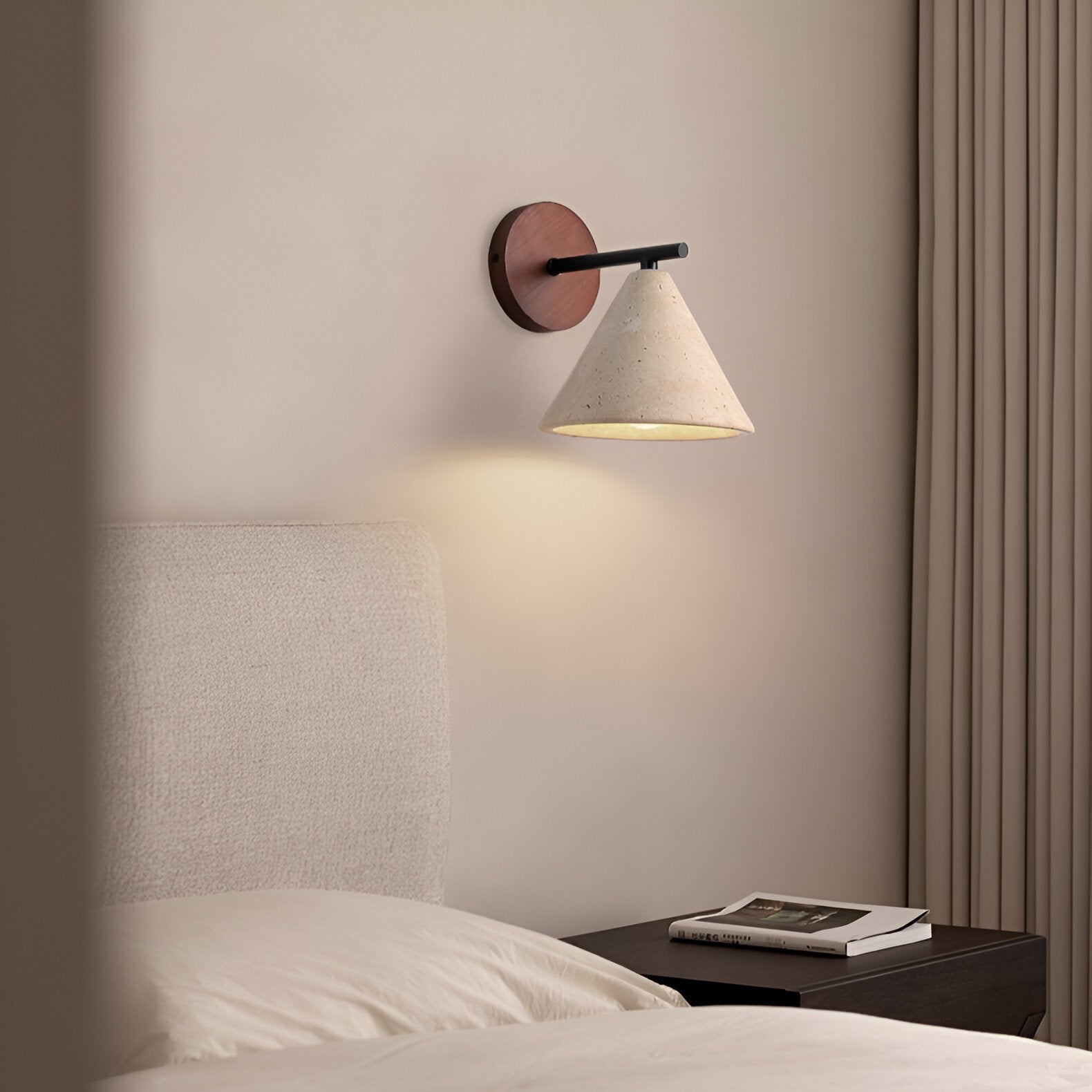 Travertine Cone Wall Sconce - Wood Accent - Modern LED Wall Lamp - Image 4