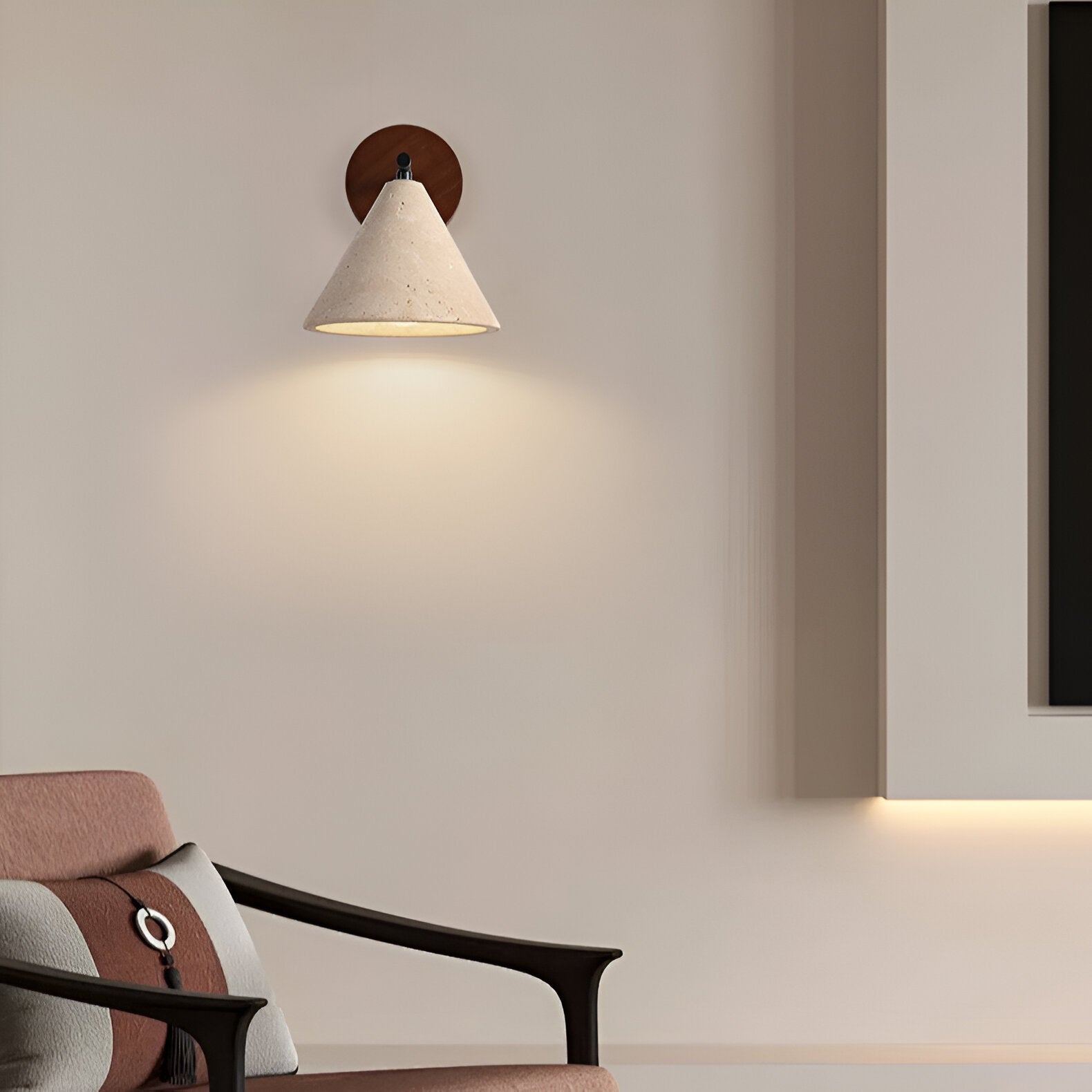 Travertine Cone Wall Sconce - Wood Accent - Modern LED Wall Lamp - Image 5