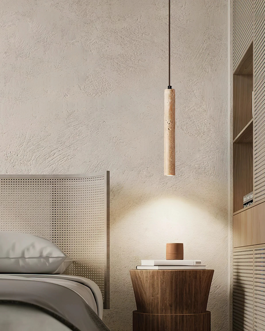 Travertine Cylinder Pendant Light - Japandi Style Hanging Lamp - Slim Tube - Image 1