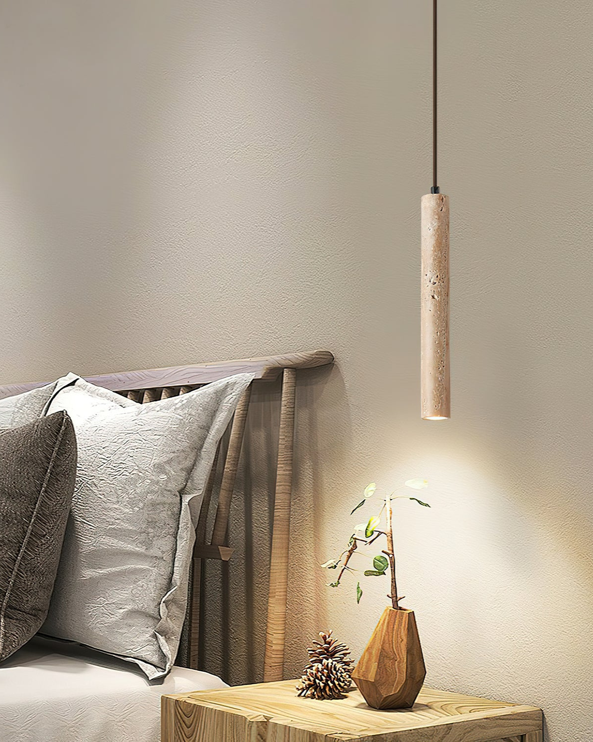 Travertine Cylinder Pendant Light - Japandi Style Hanging Lamp - Slim Tube - Image 3