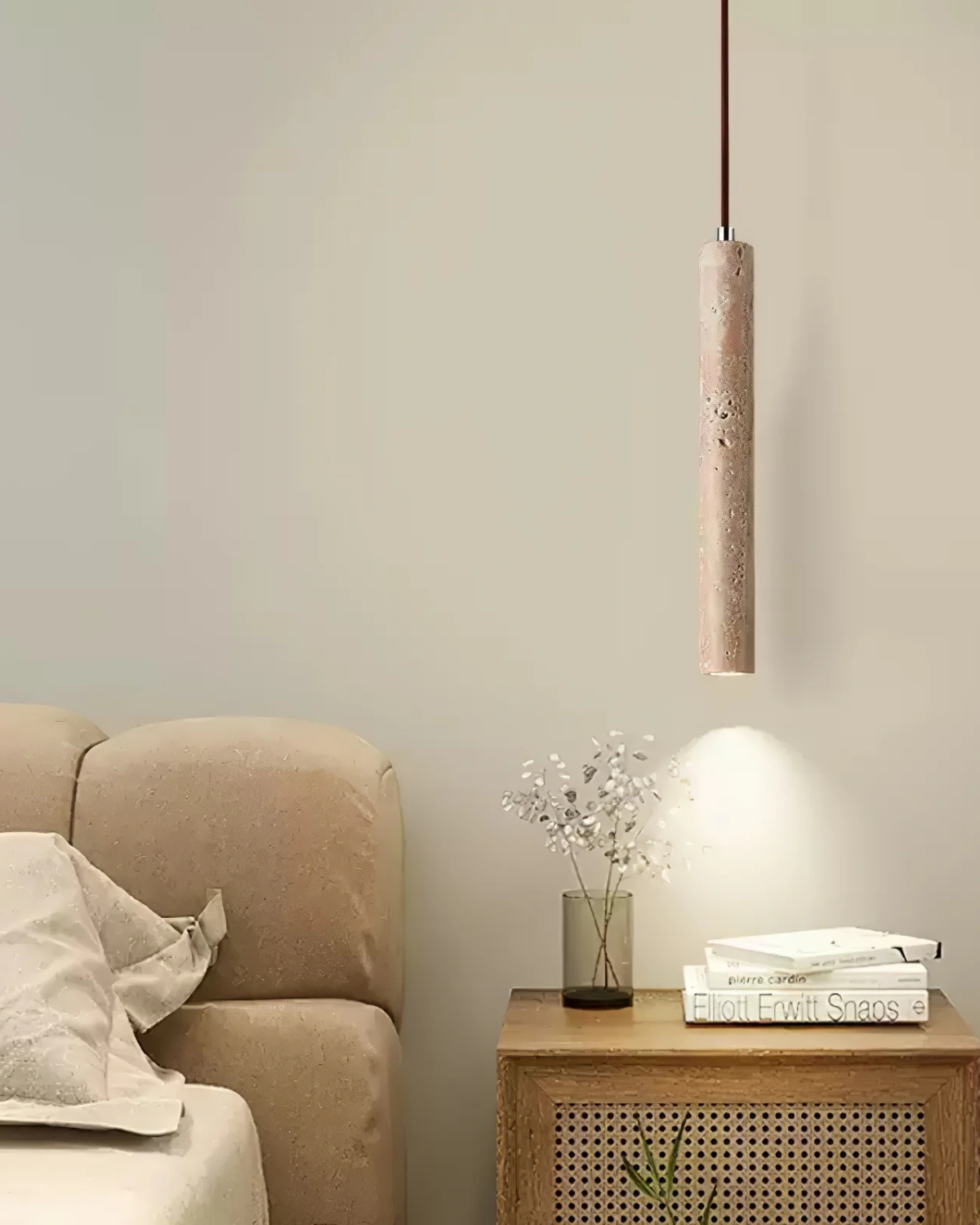 Travertine Cylinder Pendant Light - Japandi Style Hanging Lamp - Slim Tube - Image 4