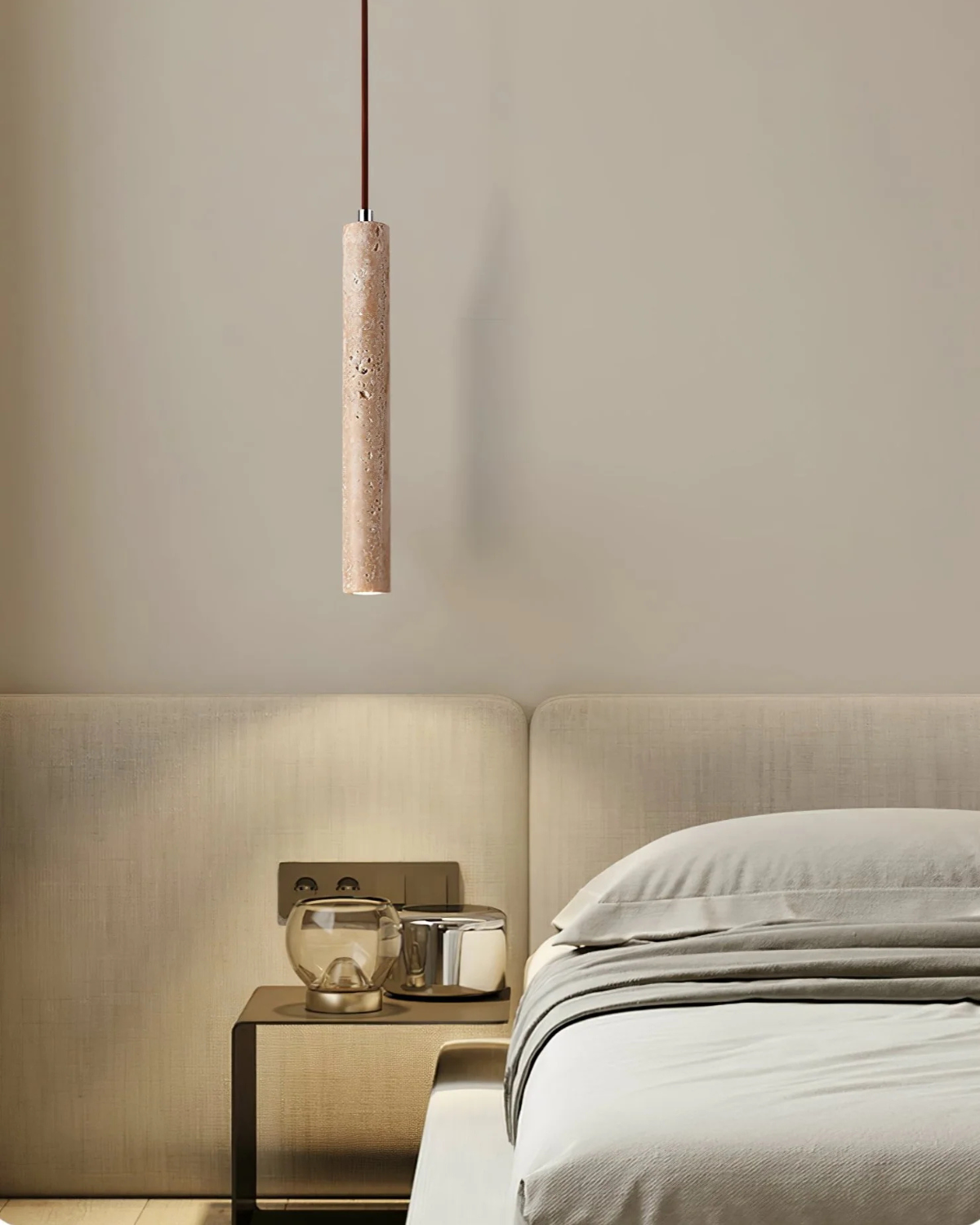 Travertine Cylinder Pendant Light - Japandi Style Hanging Lamp - Slim Tube - Image 5