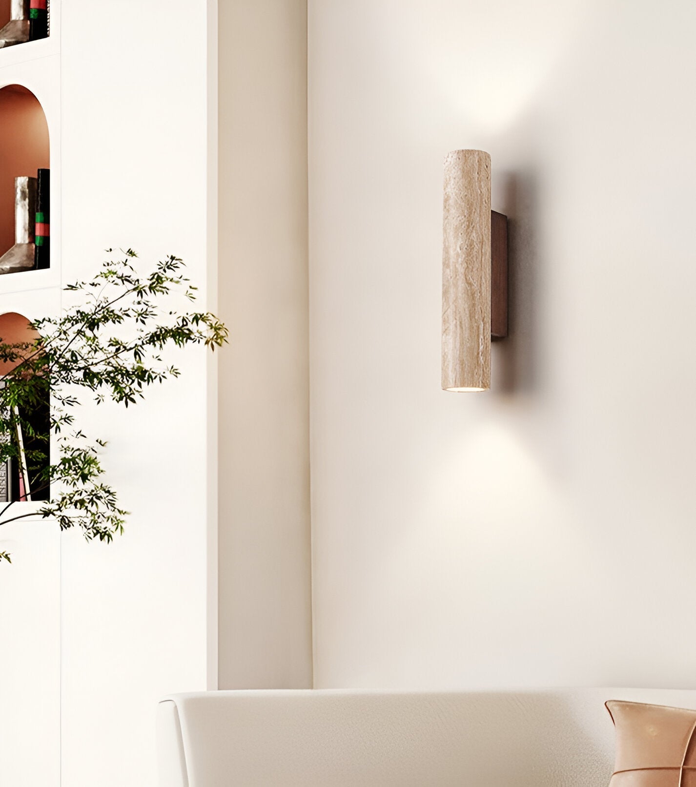 Travertine Cylinder Wall Sconce - Wood Base - Modern Minimalist LED Wall Lamp - Image 1