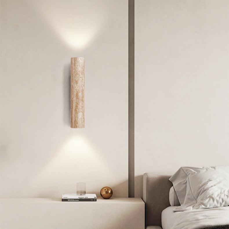 Travertine Cylinder Wall Sconce - Wood Base - Modern Minimalist LED Wall Lamp - Image 2