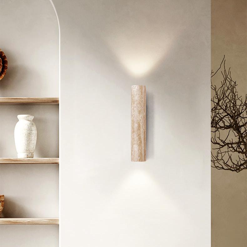 Travertine Cylinder Wall Sconce - Wood Base - Modern Minimalist LED Wall Lamp - Image 4