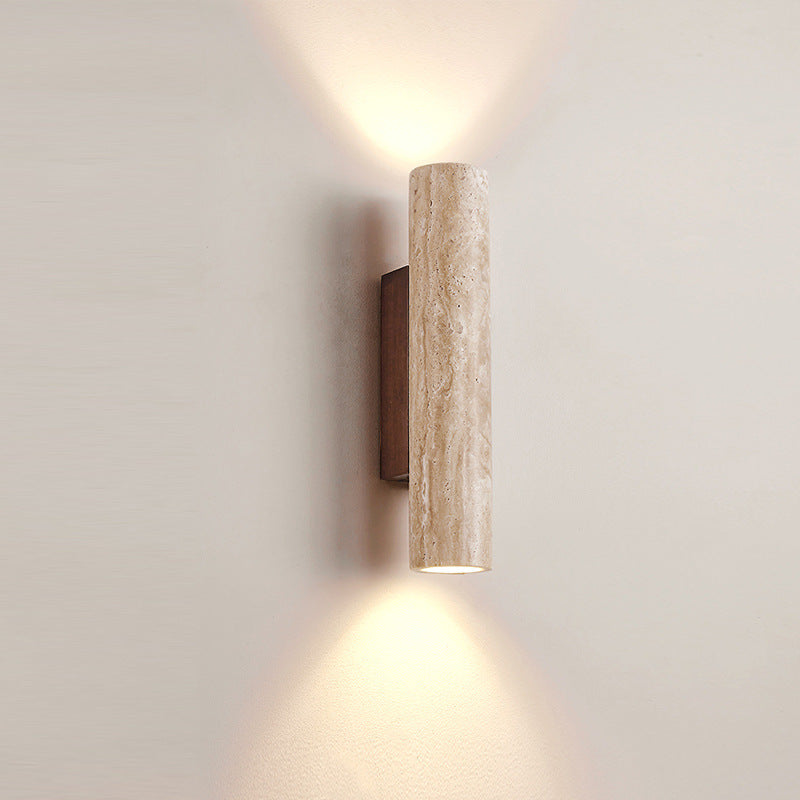 Travertine Cylinder Wall Sconce - Wood Base - Modern Minimalist LED Wall Lamp - Image 5