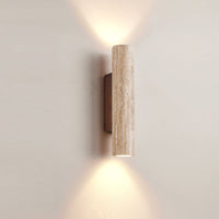 Travertine Cylinder Wall Sconce - Wood Base - Modern Minimalist LED Wall Lamp