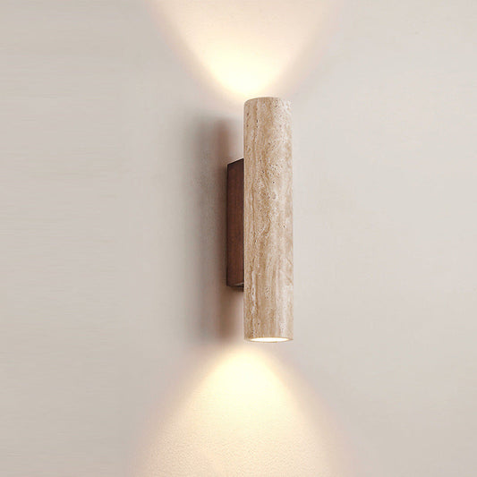Travertine Cylinder Wall Sconce - Wood Base - Modern Minimalist LED Wall Lamp - Image 5