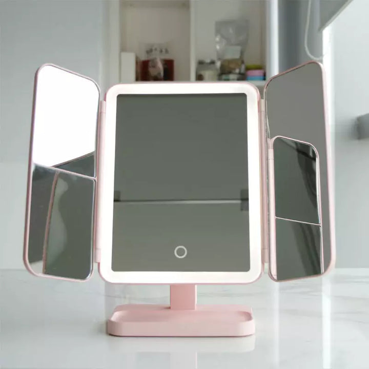 Tri-Fold LED Makeup Mirror with 3 Light Settings and 2x/3x Magnification