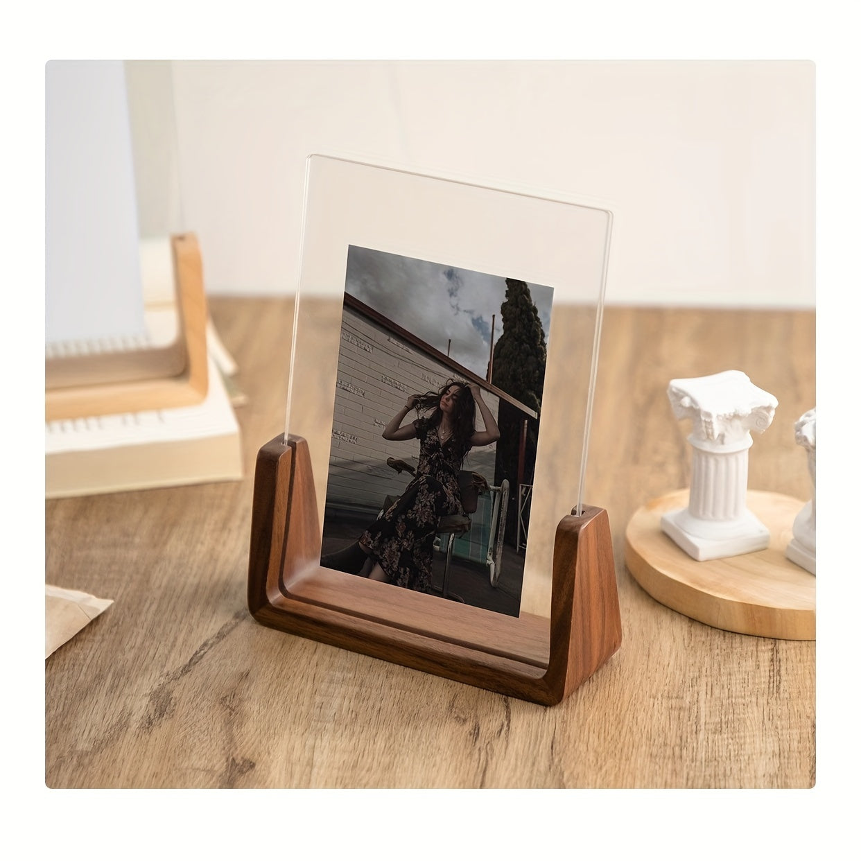 U-Shaped Acrylic Photo Frame - Wood Base - Modern Picture Display - Image 2