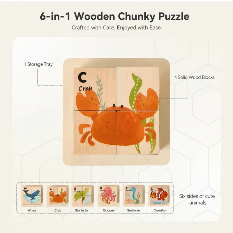Unisex 6-in-1 Wooden Montessori Animal Puzzle