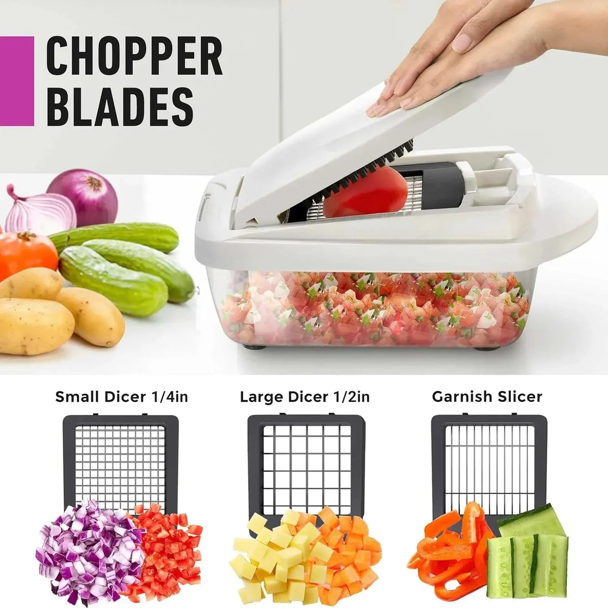 Vegetable Slicer | Dicing, Slicing and Grating | Catch Container & Safety Holder