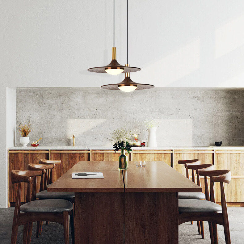 Walnut LED Pendant Light - Modern Style - Disc Shade - Warm Light - Image 6