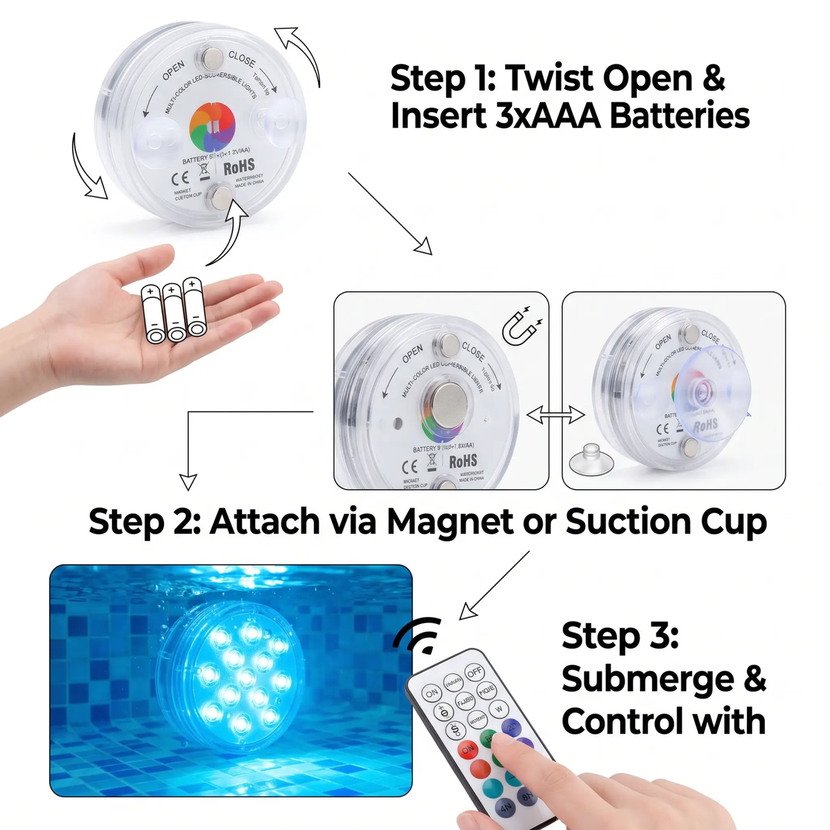 Waterproof LED Light with Remote Control, Magnet, and Suction Cups