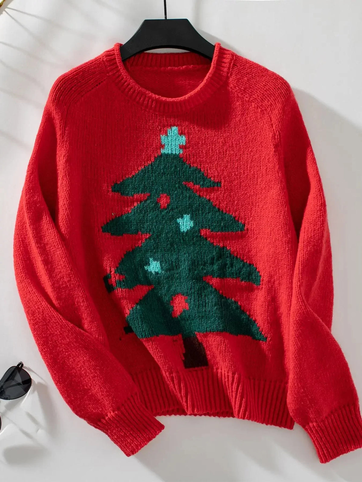Women's Acrylic Crew Neck Christmas Tree Pattern Sweater – Regular Fit for Cold Days