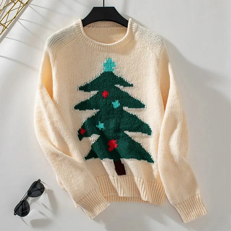 Women's Acrylic Crew Neck Christmas Tree Pattern Sweater – Regular Fit for Cold Days