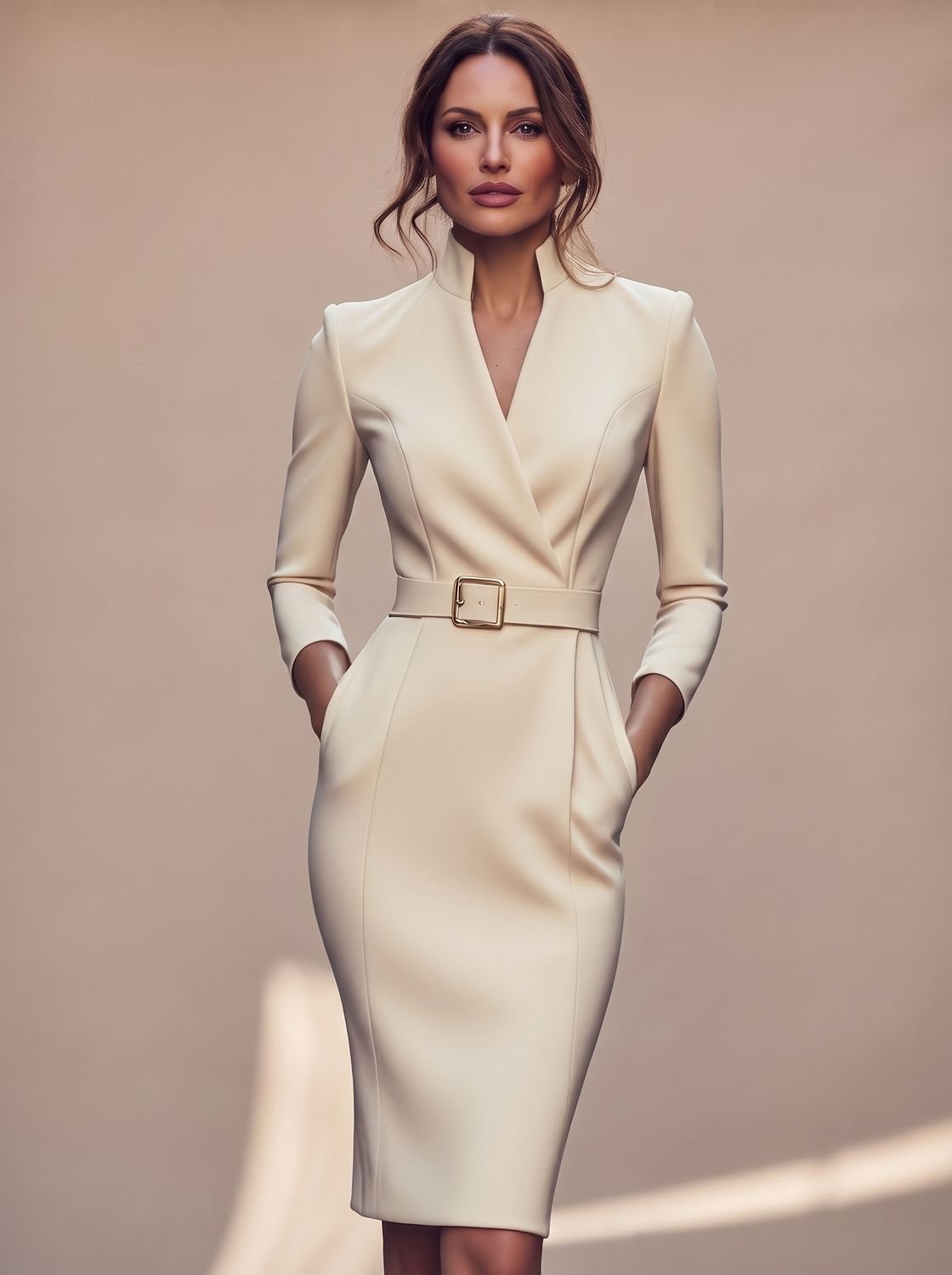 Women's Black Long-Sleeve V-Neck Belted Pencil Midi Dress