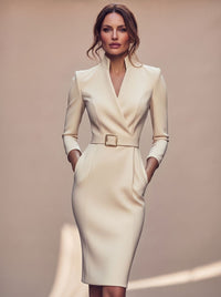 Women's Black Long-Sleeve V-Neck Belted Pencil Midi Dress