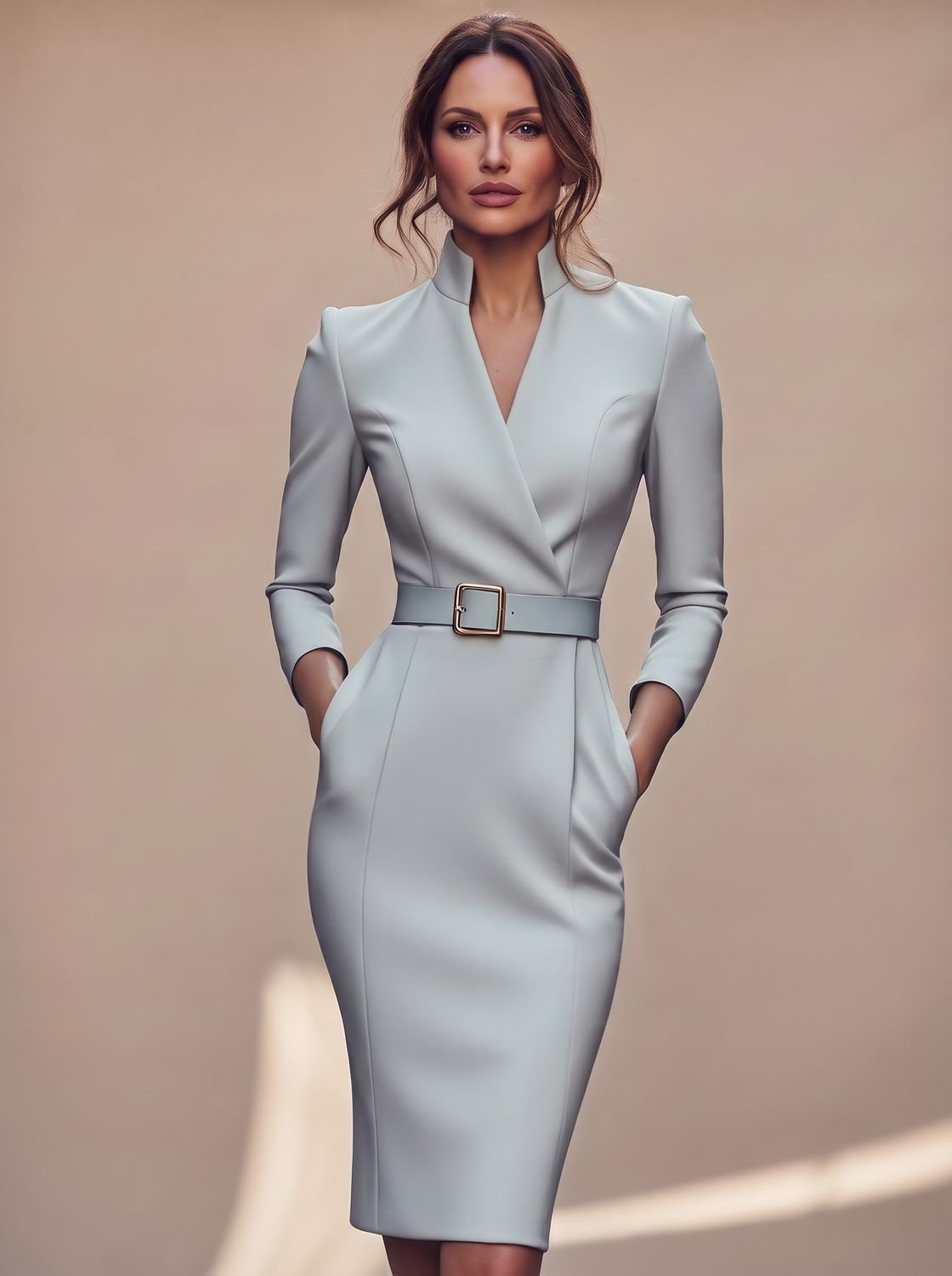 Women's Black Long-Sleeve V-Neck Belted Pencil Midi Dress