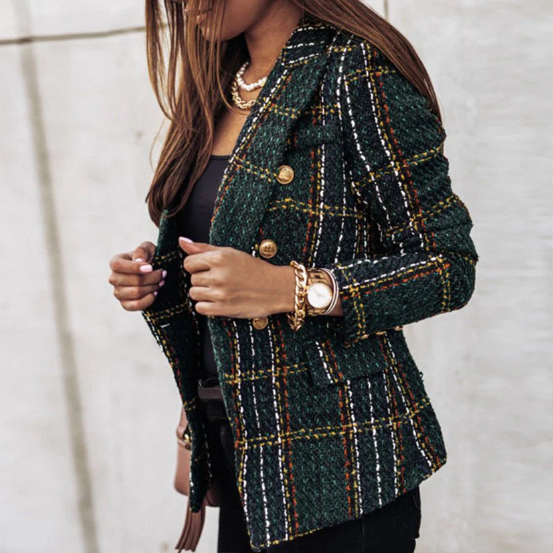 Women's Blazer – Classic Plaid, Lapel Collar & Long-Sleeve Button Design