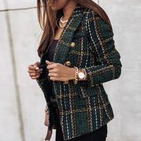 Women's Blazer – Classic Plaid, Lapel Collar & Long-Sleeve Button Design