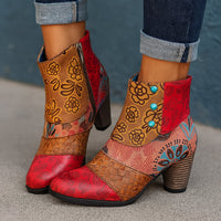 Women's Bohemian Floral Embossed Block-Heel Ankle Boots