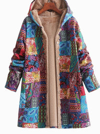 Women's Boho Patchwork Print Fleece-Lined Hooded Jacket