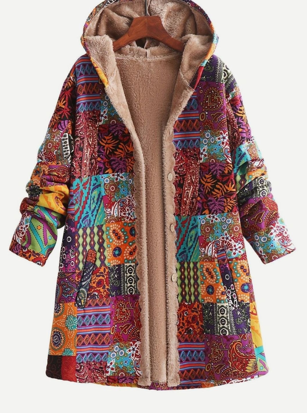 Women's Boho Patchwork Print Fleece-Lined Hooded Jacket