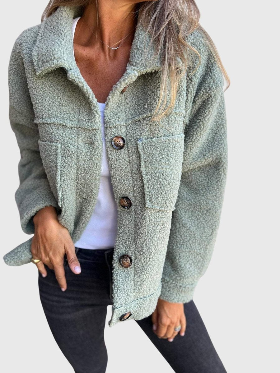 Women's Button-Front Sherpa Fleece Jacket with Lapel Collar