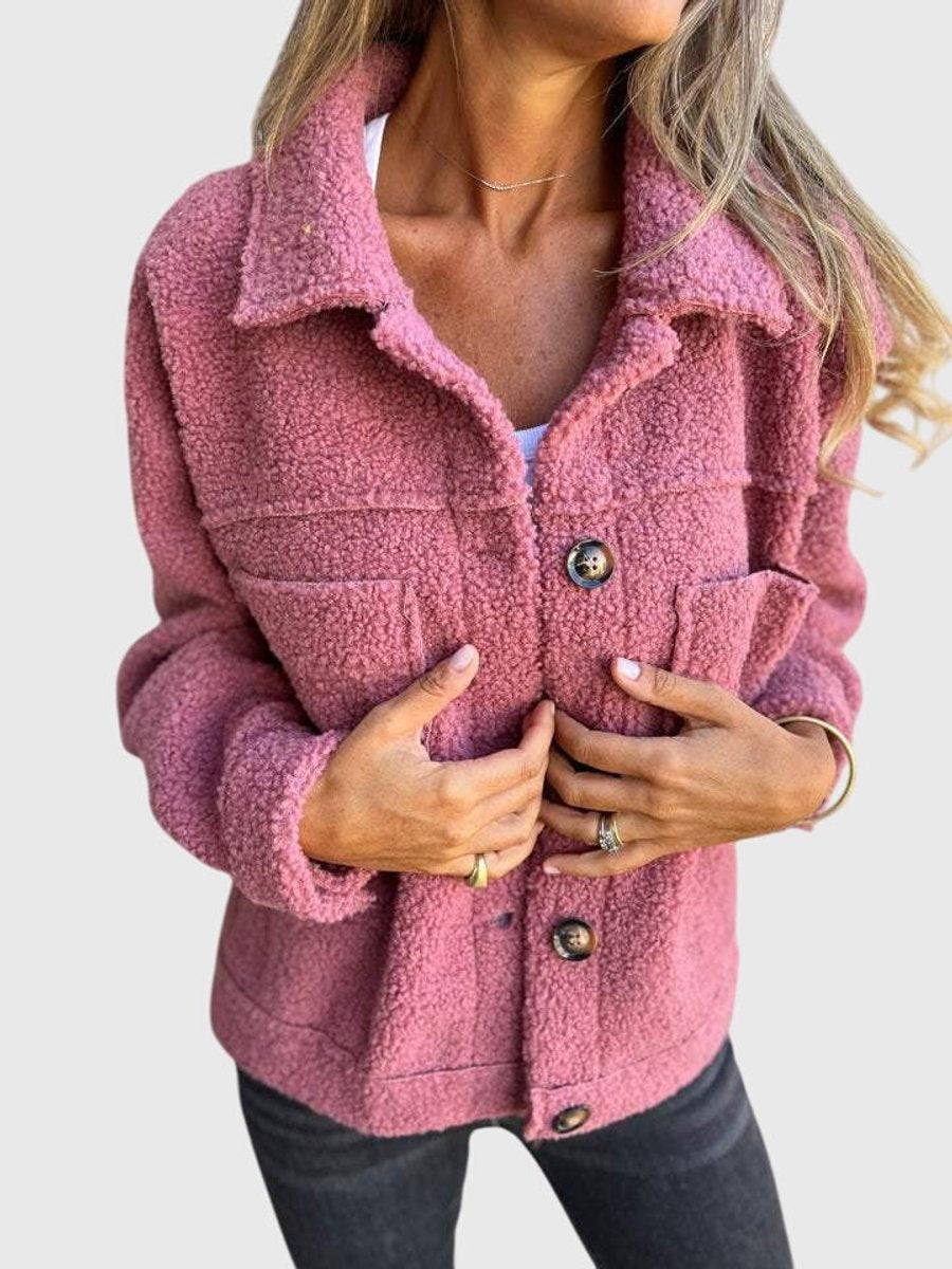 Women's Button-Front Sherpa Fleece Jacket with Lapel Collar
