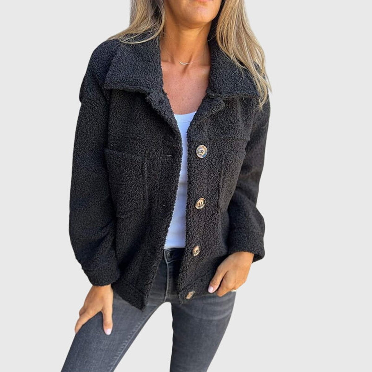 Women's Button-Front Sherpa Fleece Jacket with Lapel Collar