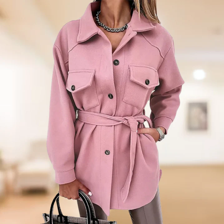 Women's Button-Front Shirt Jacket with Tie Belt