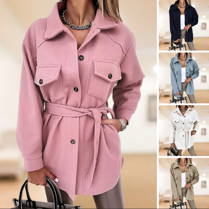 Women's Button-Front Shirt Jacket with Tie Belt