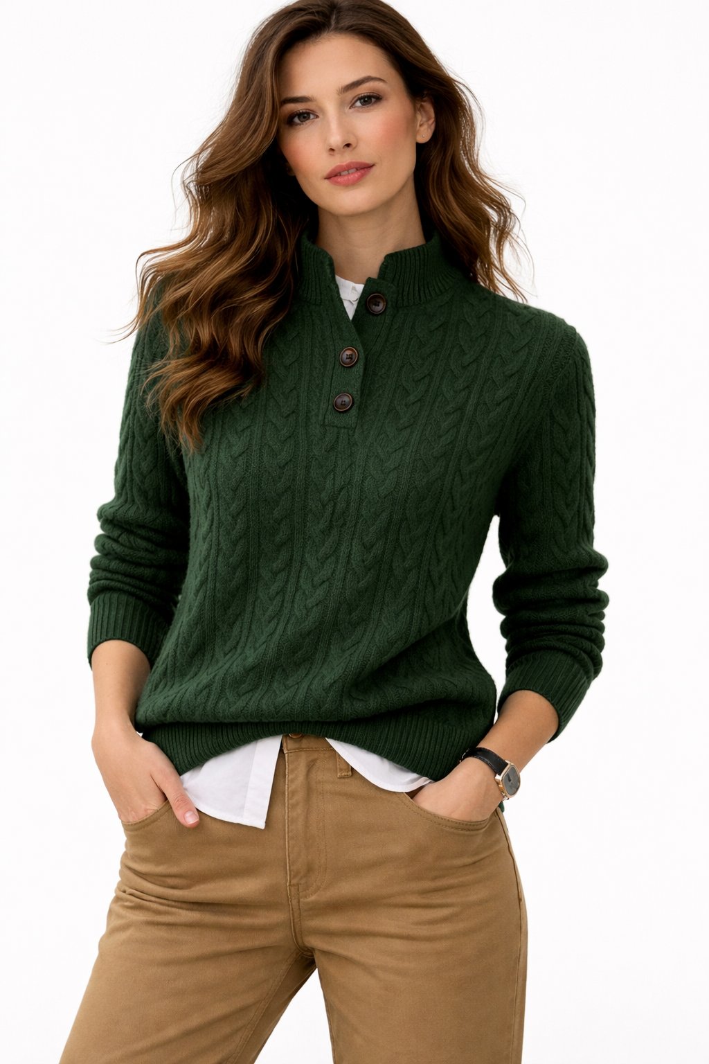 Women's Cable Knit Button-Neck Wool Blend Pullover Sweater