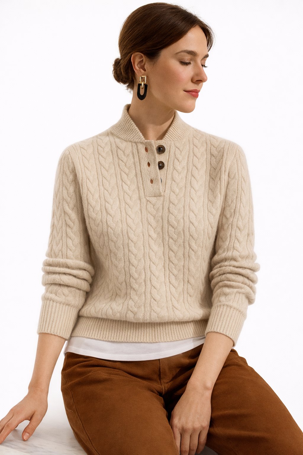 Women's Cable Knit Button-Neck Wool Blend Pullover Sweater