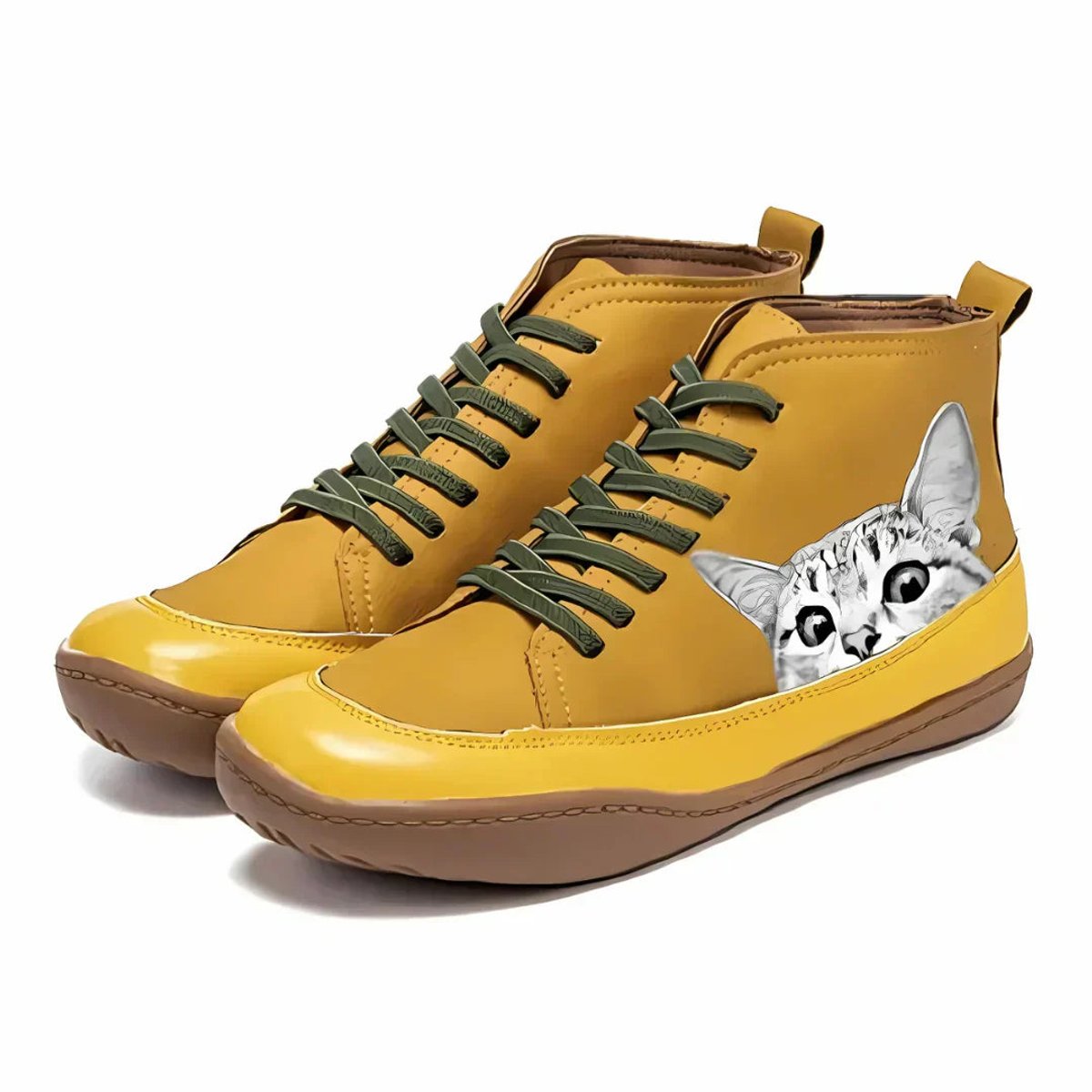 Women's Cat Print High-Top Lace-Up Ankle Boots