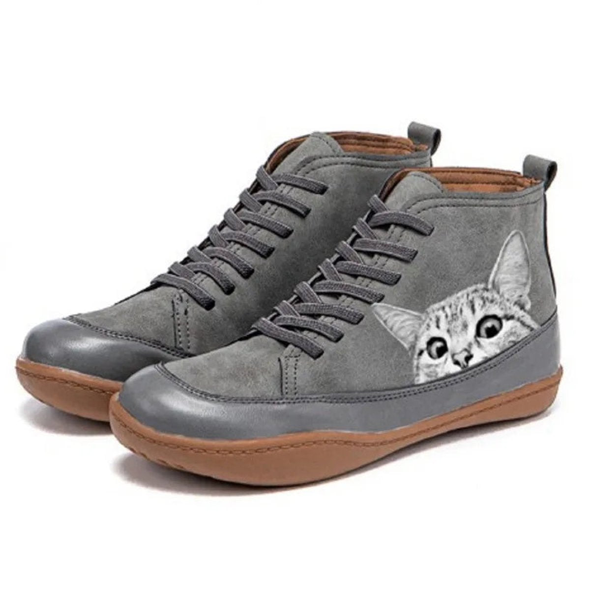 Women's Cat Print High-Top Lace-Up Ankle Boots