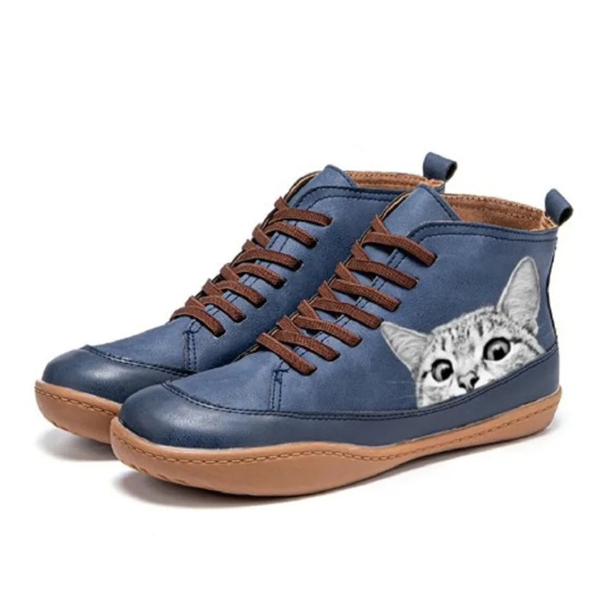 Women's Cat Print High-Top Lace-Up Ankle Boots