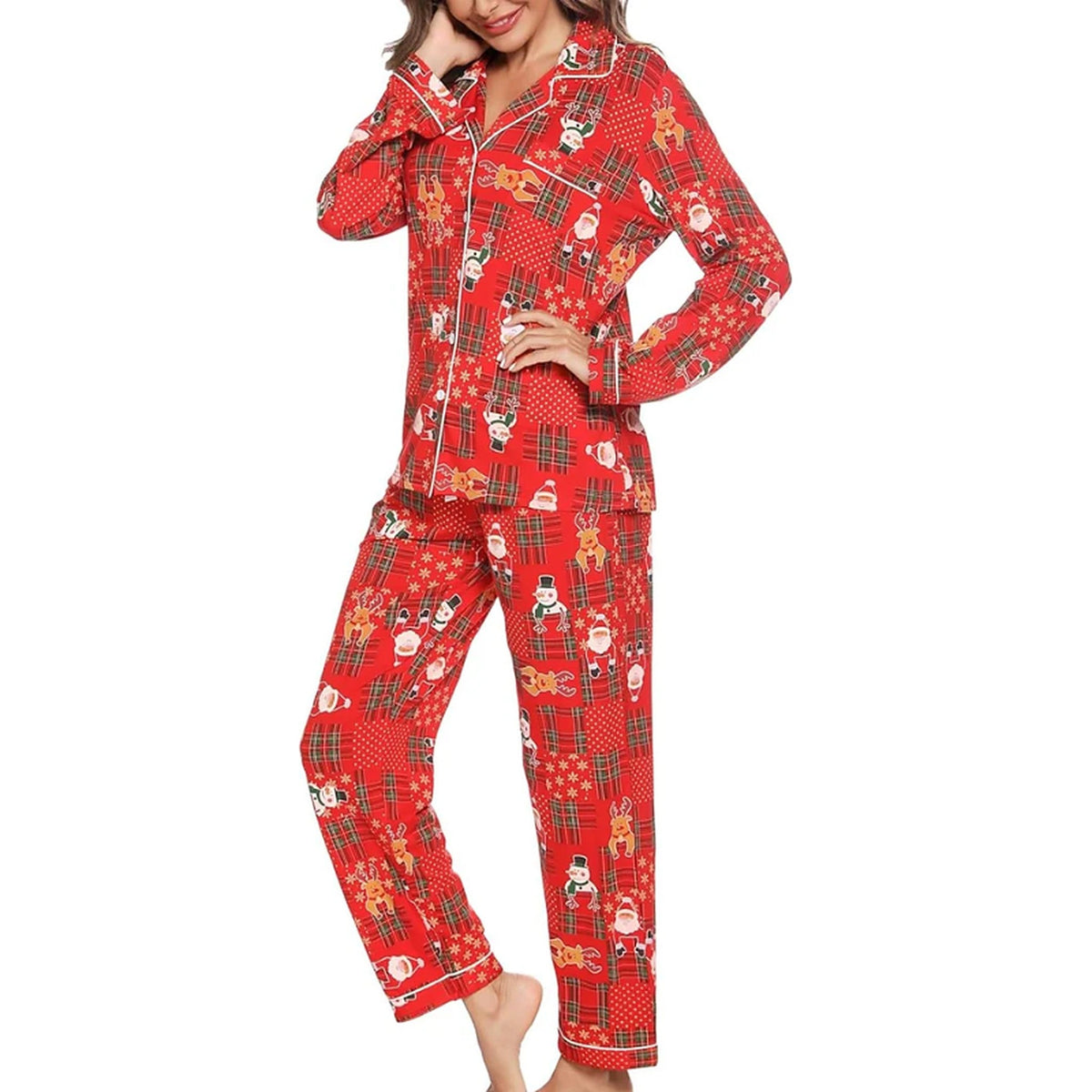 Women's Christmas Pyjamas - Button-Down Shirt and Long Trousers with Festive Print
