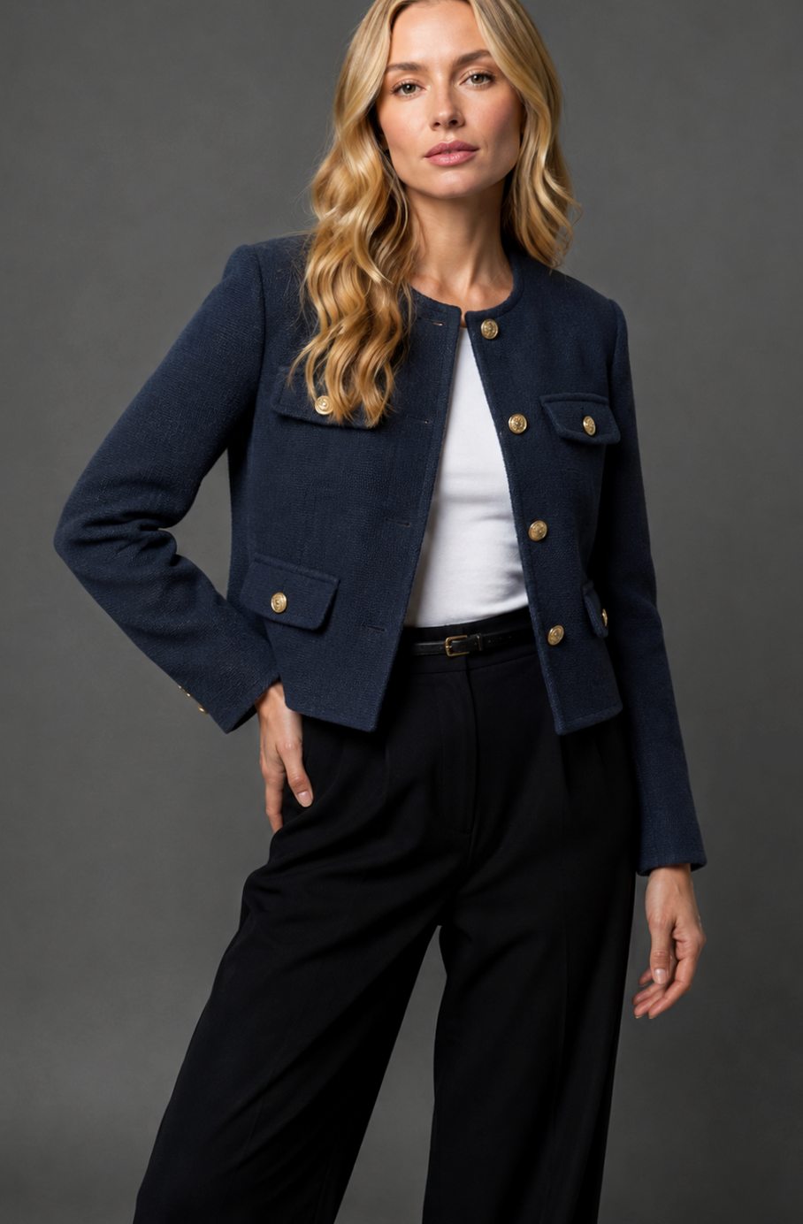 Women's Collarless Cropped Tweed Blazer with Gold Buttons and Flap Pockets