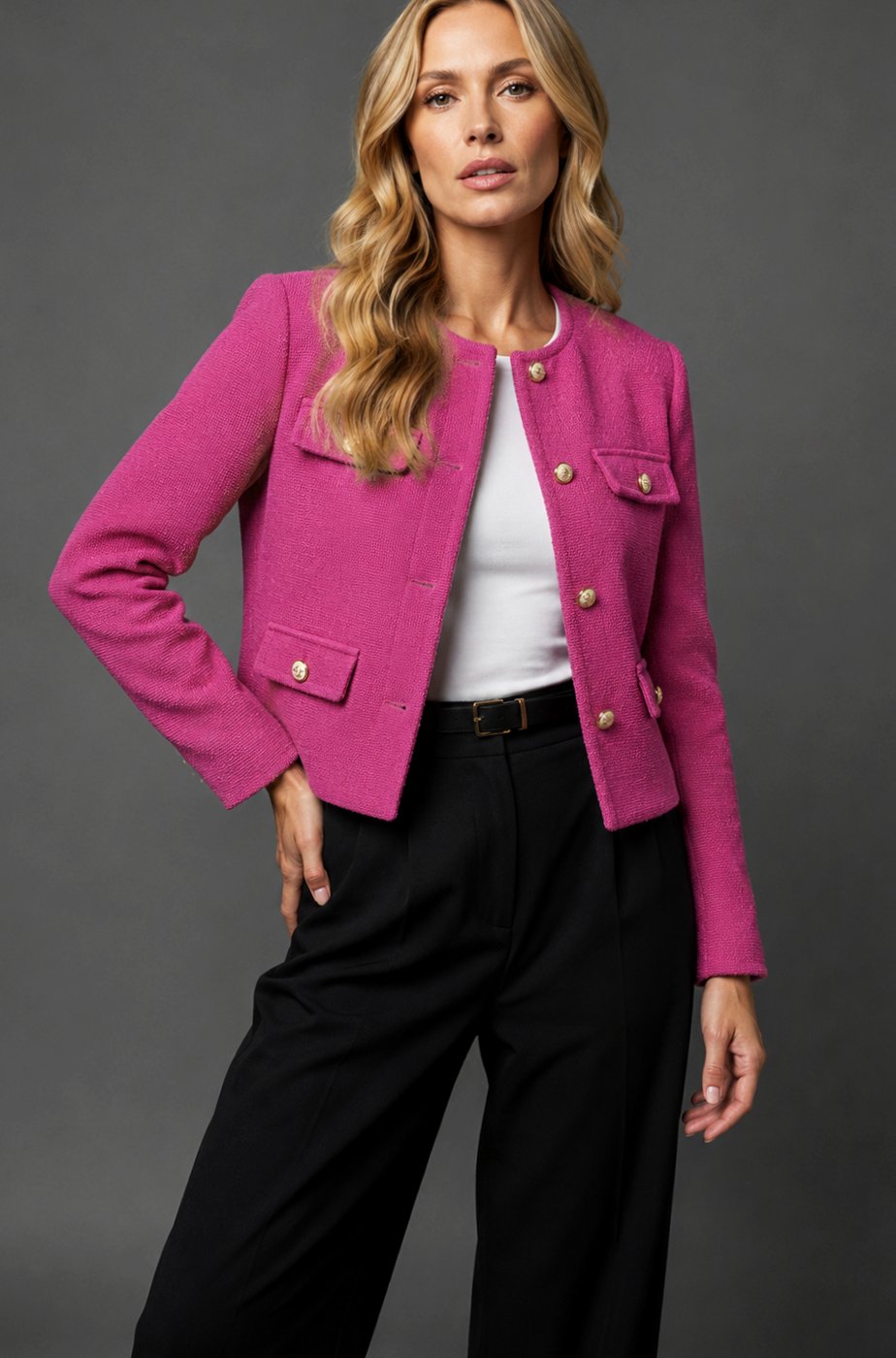 Women's Collarless Cropped Tweed Blazer with Gold Buttons and Flap Pockets