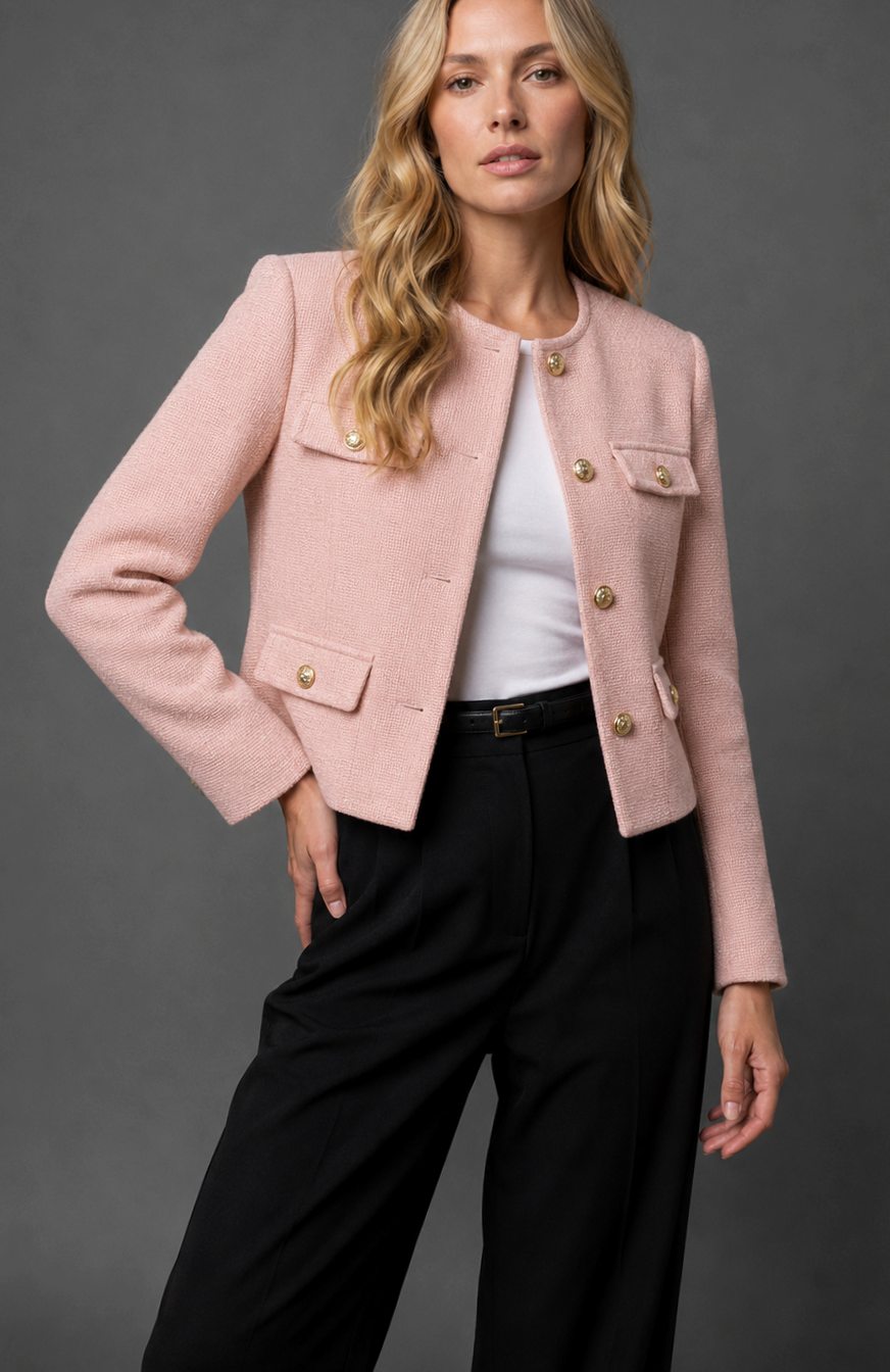 Women's Collarless Cropped Tweed Blazer with Gold Buttons and Flap Pockets