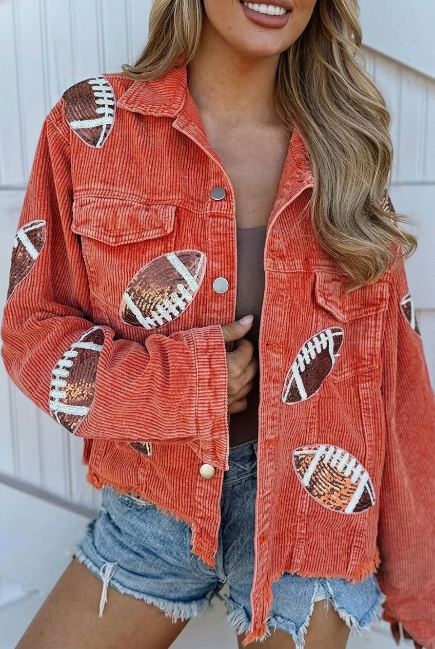 Women's Corduroy Jacket with Sequin Football Detail